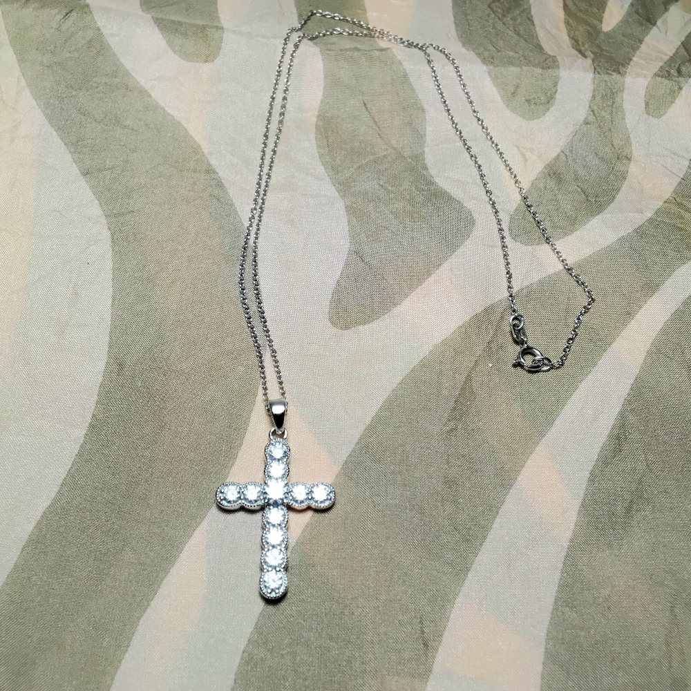 Vanna K 925 Silver CZ Cross Pendant Necklace